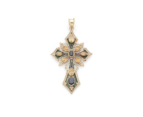 Percossi Papi: An enamel and gem-set cross pendant The enamel ground collet-set at intervals with oval and pear-shaped yellow