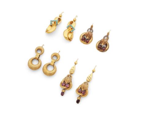 A collection of Victorian pendent earrings The first of scrolling design, with turquoise buckle motif, a pair of garnet and s