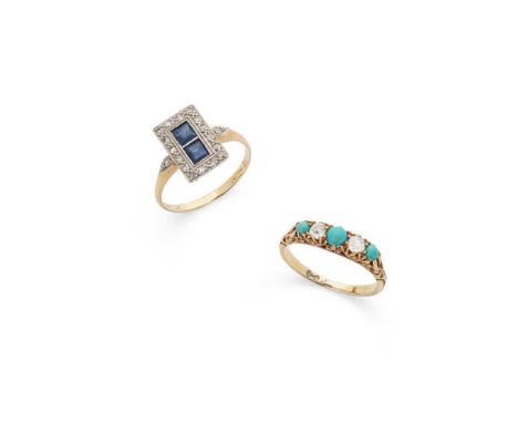 Two gem-set rings The first set with old-cut diamonds and cabochon turquoise, indistinctly marked; together with a sapphire a