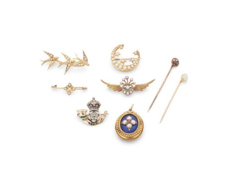 A collection of gem-set brooches and pins Including a split-pearl crescent brooch, unmarked; a Victorian enamel, split-pearl 