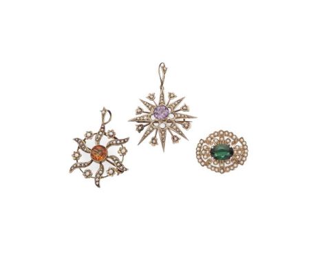 Three gem-set brooches  Including an amethyst and seed pearl star brooch/pendant, stamped 9ct; a citrine and seed pearl brooc