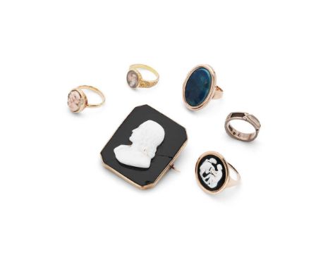 A collection of jewellery Including a hardstone locket ring, a glass cameo ring and a similar brooch; a silver and inlaid hai