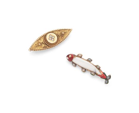 Two gem-set brooches The first modelled as a fish, set with mother-of-pearl and opals with enamel detail, unmarked; the secon