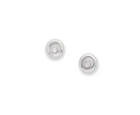 Chopard: A pair of 'Happy Diamonds' earrings Each of circular outline, the glazed panel with a central recess holding a 'floa