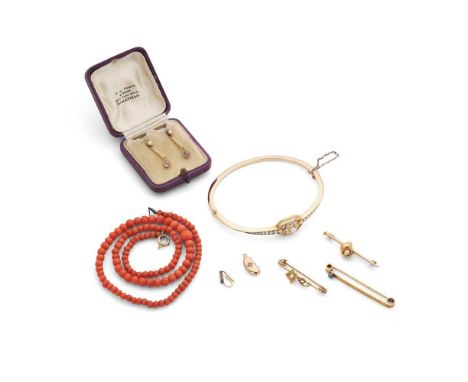 Y A collection of jewellery  Including a Victorian split-pearl bangle, unmarked; a coral bead necklace, various bar brooches 