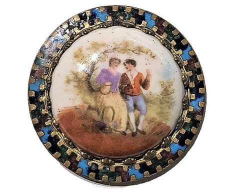 1 Large beautifully executed enamel bordered porcelain.This button is quite beautiful and uncommon. Its high domed painted po