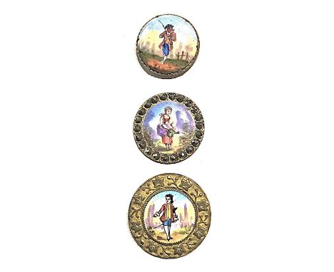 3 Medium/Large Emaux Peints enamel buttons.Here is a nice colorful lot of figural enamel buttons, one with a cut steel border