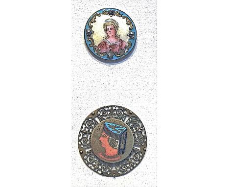 2 Small/Medium 19th century head buttons in enamel.Here are two different enamel techniques, the one lady is a Pate (Pot) ena