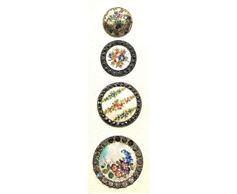 4 Medium/Large 19th century Emaux Peints enamel buttons.This lot includes a wonderful and colorful example with a paste borde