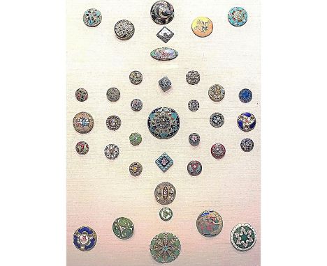 37 S/M/L 19th century assorted technique enamel buttons.This card includes cut steel trim, Champleve, Emaux Peints and more. 