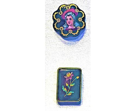 2 Medium 19th century foil imbedded enamel buttons.This lot consists of a nice scalloped cobalt enamel ladies head with paste