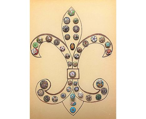 42 Small assorted 19th century enamel buttons incl. Pictorial.Here is a beautiful card of enamels laid out in a Fleur de Lis 