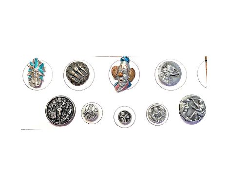 9 S/M/L 20th century pictorial pewter buttons.The Baughman's, Kathy and Dan own Battersea Pewter company ion Wisconsin and ha