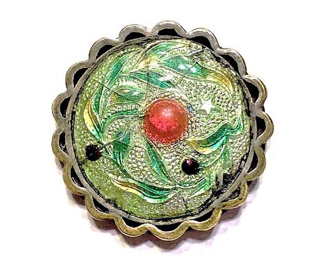 1 Medium size early 20th century foil background enamel button.Here is a beautiful multi colored enamel button from Japan. Is