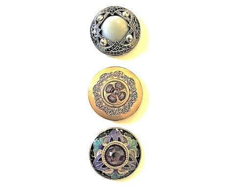 3 Large 19th century Fay 90 style buttons with enamel.This lot includes an exquisite purple faceted glass centered [pierced e