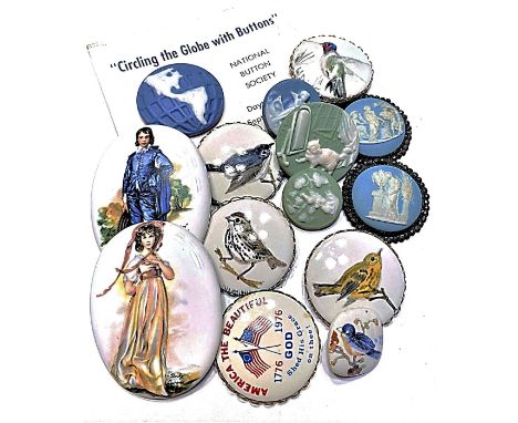 A small bag lot of assorted ceramic and Jasperware buttons.This bag lot includes two large cut steel bordered genuine 19th ce