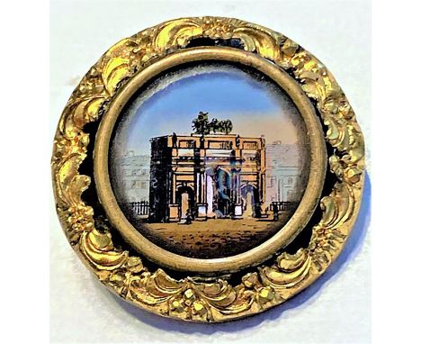 1 Large Medium 19th century reverse painting on glass in metal.This button has a crisp detailed hand painted scene in reverse