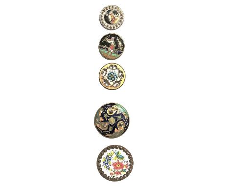 5 Medium/Large 19th/20th century assorted enamel buttons.Nice card of figural and floral examples including steel trimmed, pi