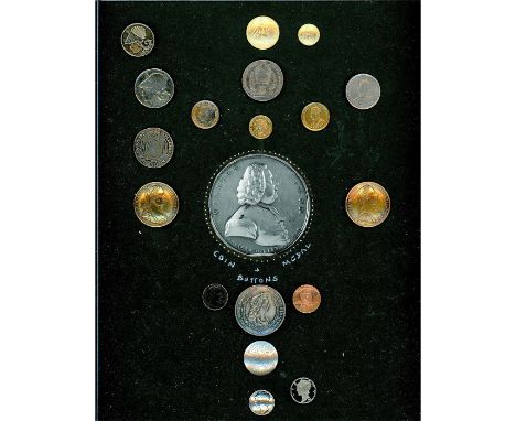 18 S/M/L 19th &amp; 20th century coin and coin type buttons.These coin and coin type buttons are from a variety of countries 