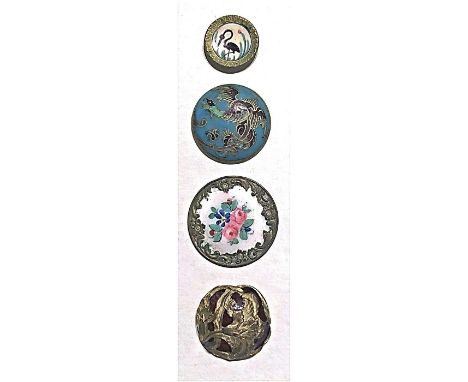 4 Medium/Large 19th Century enamel buttons incl Pictorial.This lot includes a beautiful white ground floral with a rococo bor