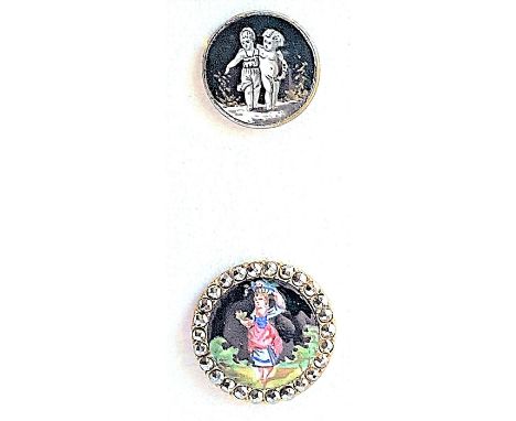 2 Medium size 19th century enamel buttons with figures.This lot includes a wonderful En-Grisaille style of 2 angel children a