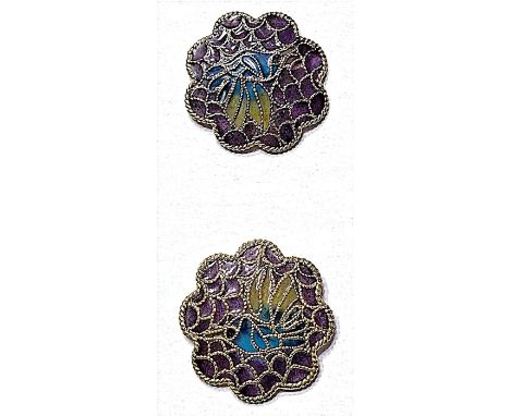 2 Large late 20th century Plique A Jour enamel buttons.This pair of colorful Plique A jour's were created in China in the 199