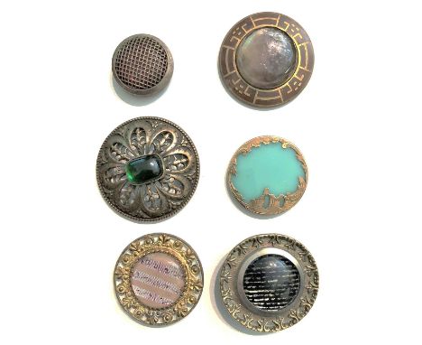 6 Medium/Large 19th century metal and glass buttons.Here is a nice selection of glass in metal techniques. It includes Gay 90