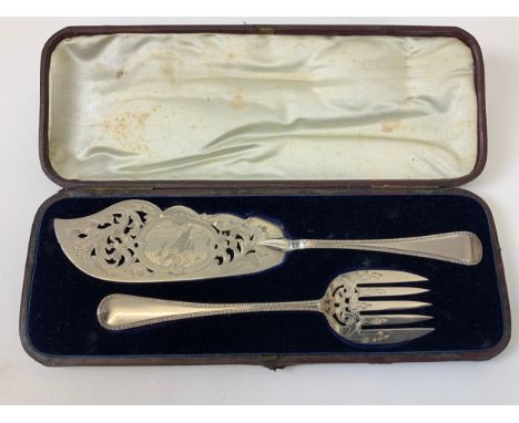 Cased Silver Fish Slice and Matching Fork, Etched Decoration - Thomas Hart Stone, Exeter 1864 - 245g