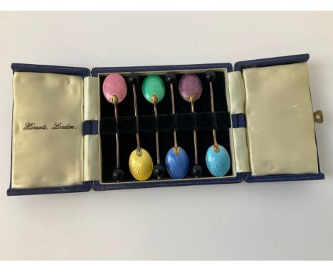 Cased Set of Silver and Enamel Coffee Bean Spoons - Hallmarked Birmingham 1961 - Retailed by Harrods 