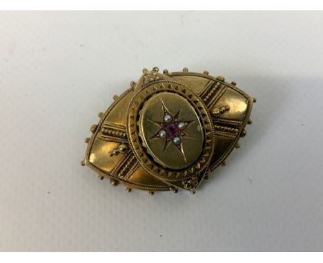 Unmarked Gold, Ruby and Seed Pearl Mourning Brooch - 10g - Buyer to Satisfy Content Prior to Bidding