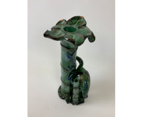 CH Brannam North Devon Slipware Art Pottery Grotesque Heron Candlestick with Detachable Lilly Pad Sconce - Signed RP for Regi