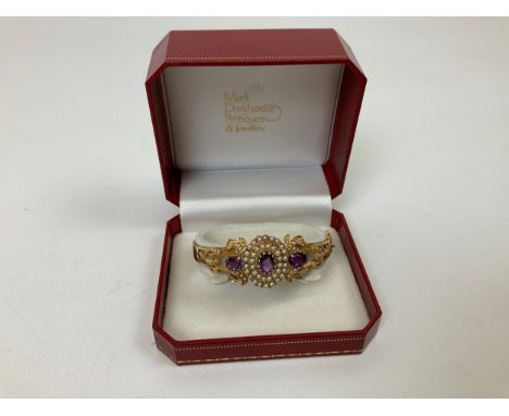 Unmarked Gold Seed Pearl and Amethyst Bangle - 27g - Buyer to Satisfy Content Prior to Bidding 