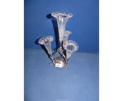 A James Dixon &amp; Sons silver plated Epergne complete with glass trumpets [one a/f], 12" tall.