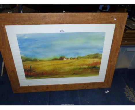 A large wooden framed Print of a Country landscape, indistinctly signed lower right, 32" x 24 3/4".