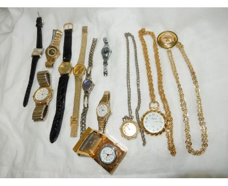 A wooden cigarette box/trinket box containing a quantity of watches including DOXA grafic clockwork with a square face, (not 