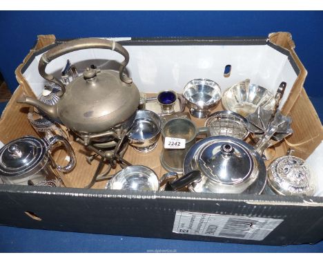 A quantity of plated items including coffee pot having a picture frame design, a teapot, milk jug and sugar basin, spirit ket