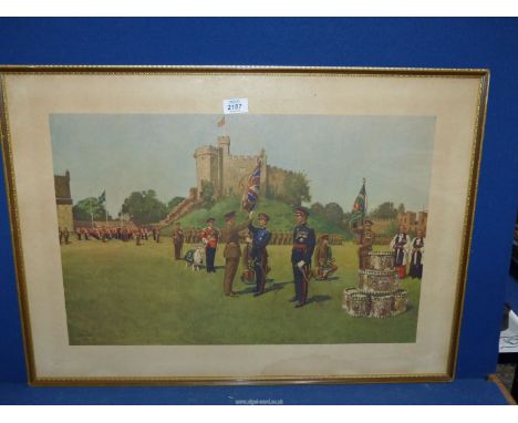 A large framed military Print of the 'Presentation of the colours to the Royal Regiment of Wales by Prince Charles at Cardiff