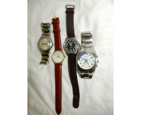 Four gentlemen's quartz movement wristwatches including a Swatch with unusual; day/date windows, a Rotary with date window, a