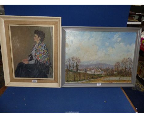A John Gough oil on canvas of a landscape with cooling towers, together with a portrait 'The Crocheted Shawl'.