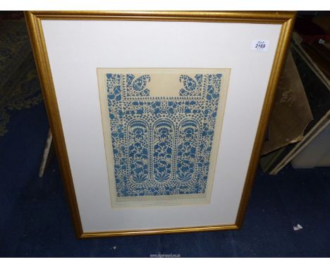 A framed and mounted Print titled "Indian Scarf End Embroidered at Dacca on white muslin, printed March 15th by Day &amp; Son