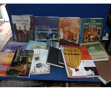A quantity of books on interior design, lighting, The Gothic Taste etc.