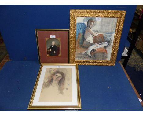 Three watercolours, a 19th C gent, female nude and a female portrait.