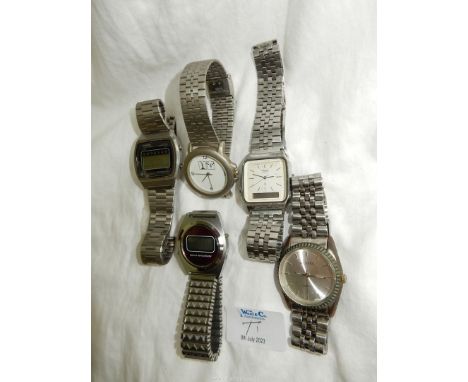 Five quartz movement watches including a Casio Lithium L.C.D., an un-named, a National Semi Conductor L.C.D., a Casio with L.