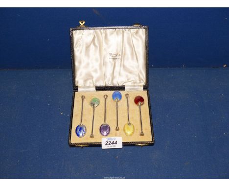 A set of six Birmingham Silver and enamel coffee spoons , four spoons dated 1948, one dated 1941 and one dated 1949 maker Wil