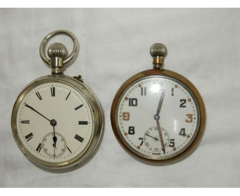 Two crown wound pocket watches including one white metal cased and with Roman numerals and inset second hand, the movement ma