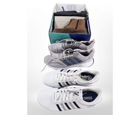 Two pairs of trainers, as new with retail tags, and a further pair of Pod boots. CONDITION REPORT: K-Swiss trainers size 11, 