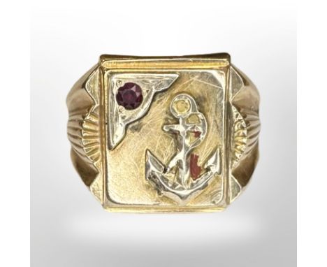 A gold signet ring inset with a ruby, size W. CONDITION REPORT: 5.1g. Apparently unmarked. 