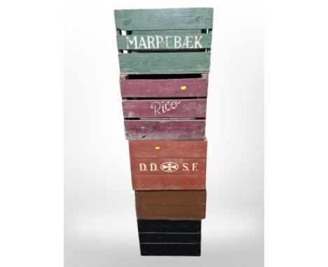 Six vintage pine bottle crates.