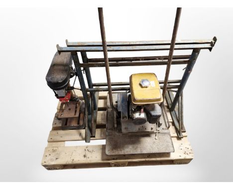 A Robin petrol plate compactor, pair of metal telescopic stands and Performance pillar drill 