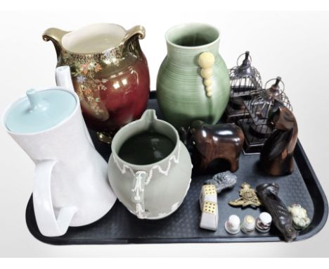 A Crown Devon lustrous twin-handled vase, a further Art Deco ribbed vase, Wedgwood green Jasperware jug, Poole coffee pot, ca